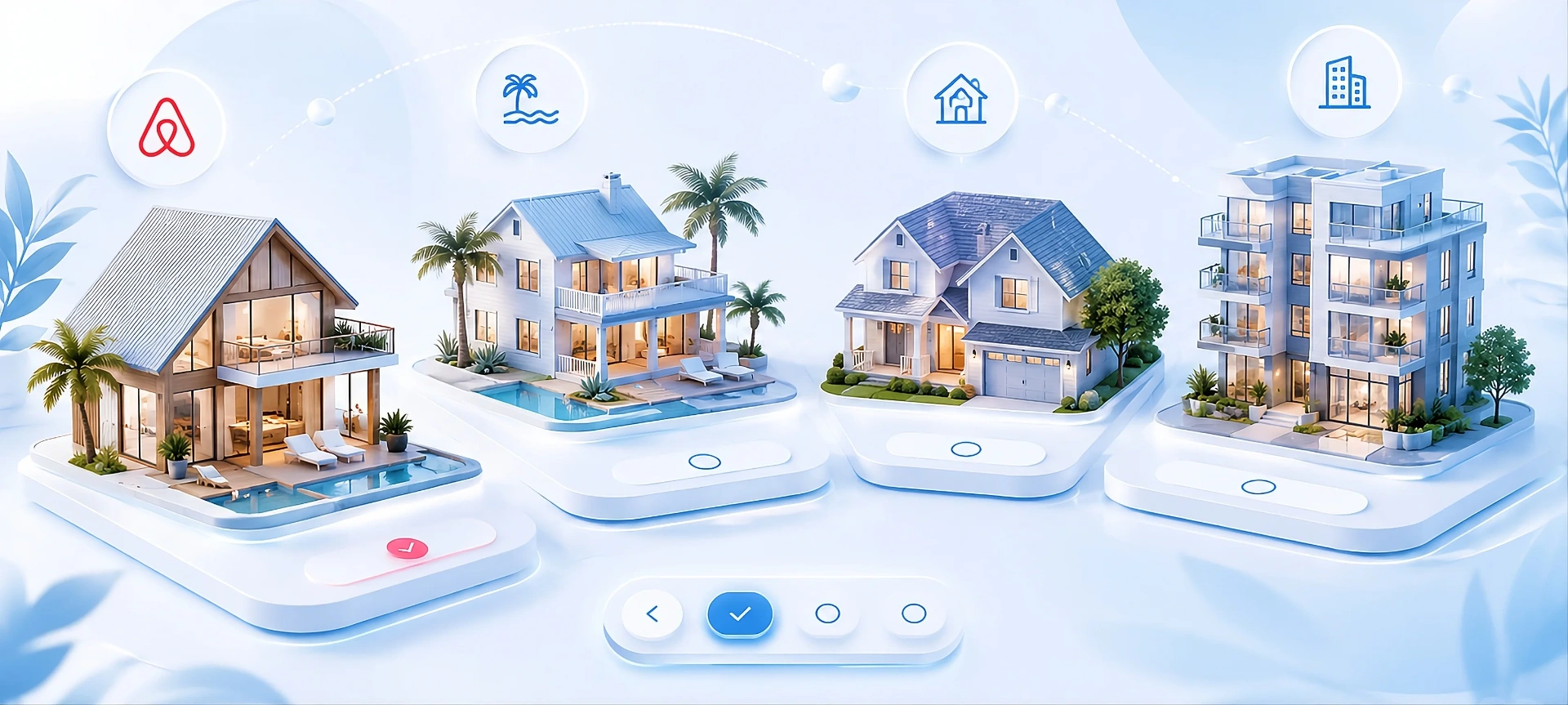 Property selector — four property types displayed as premium 3D platforms