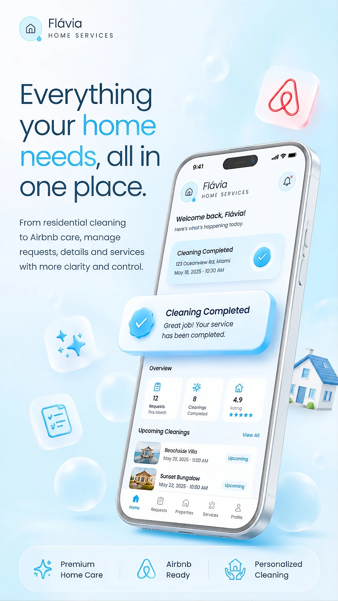 Flávia Home Services — premium home cleaning app experience